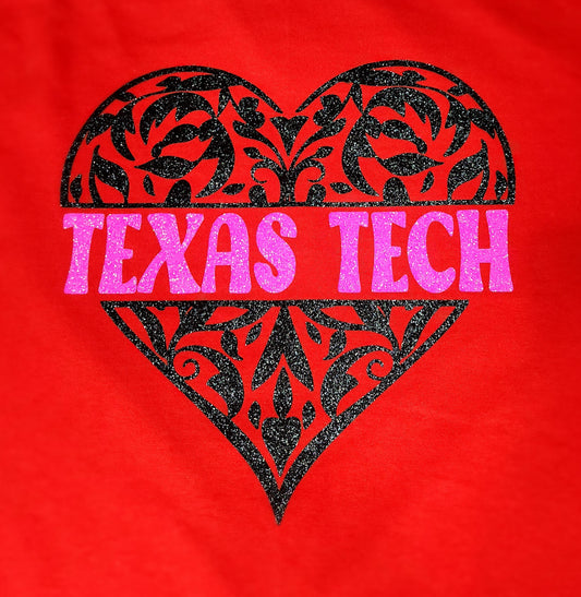 Youth Valentine's Day Texas Tech Black and Pink Glitter on Red T-Shirt