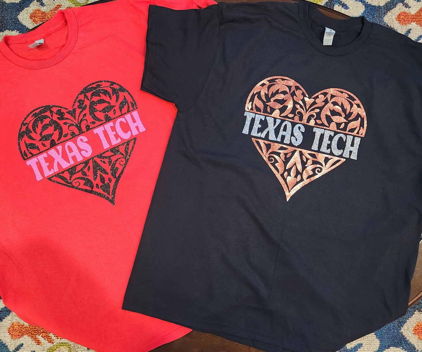 Youth Valentine's Day Texas Tech Black and Pink Glitter on Red T-Shirt