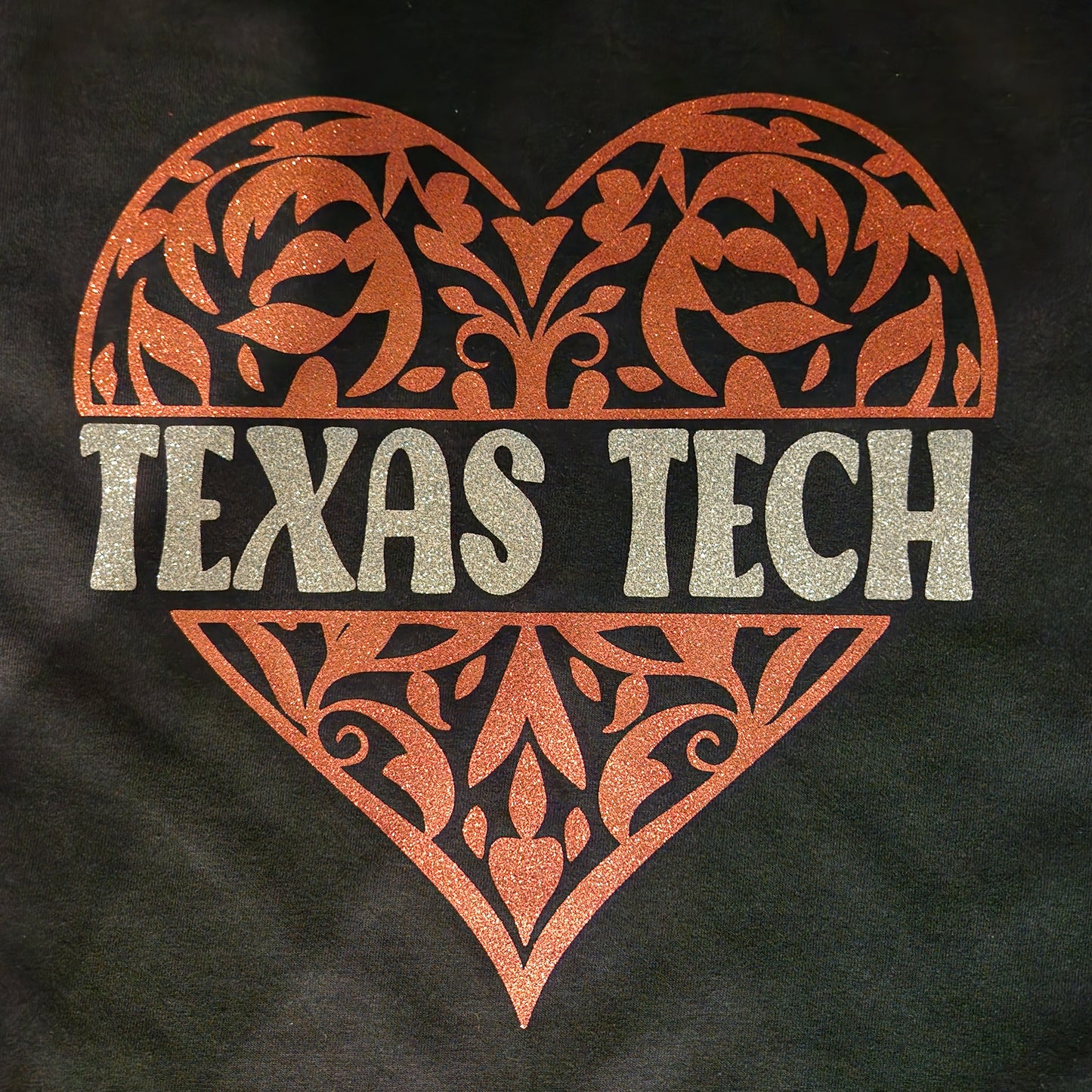 Valentine's Day Texas Tech Red and Silver Glitter on Black T-Shirt