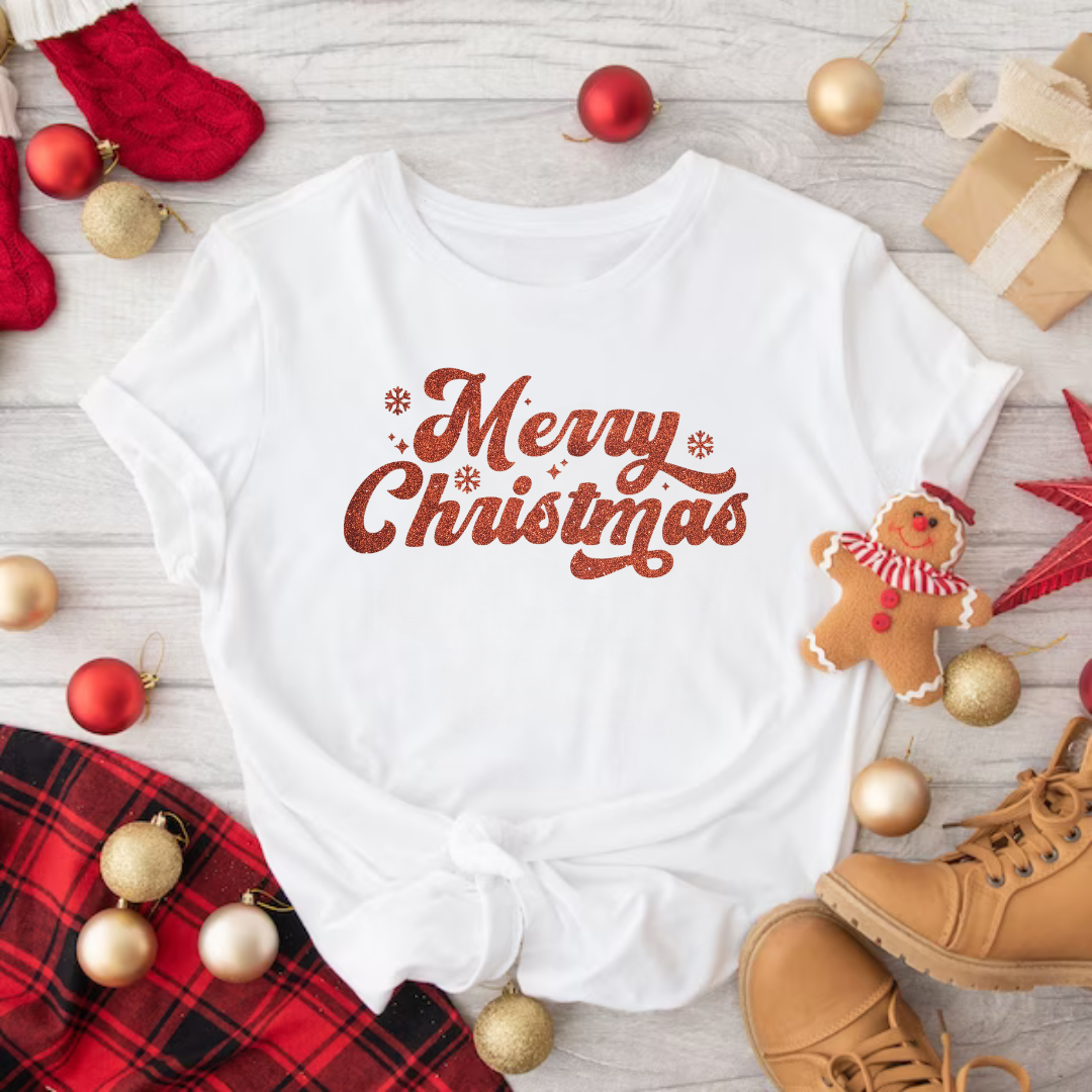 Red Glitter Merry Christmas T-Shirt