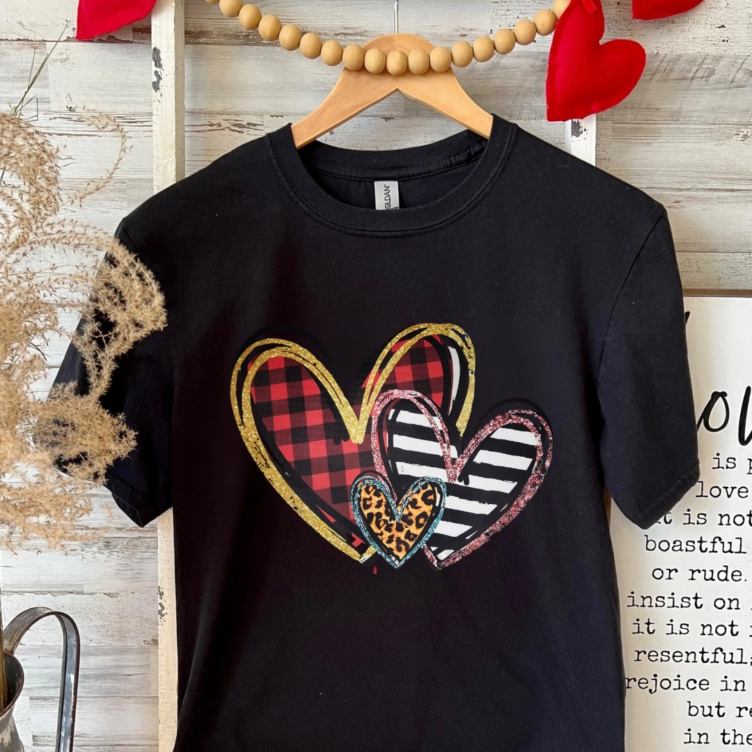 Three Hearts on Black T-Shirt