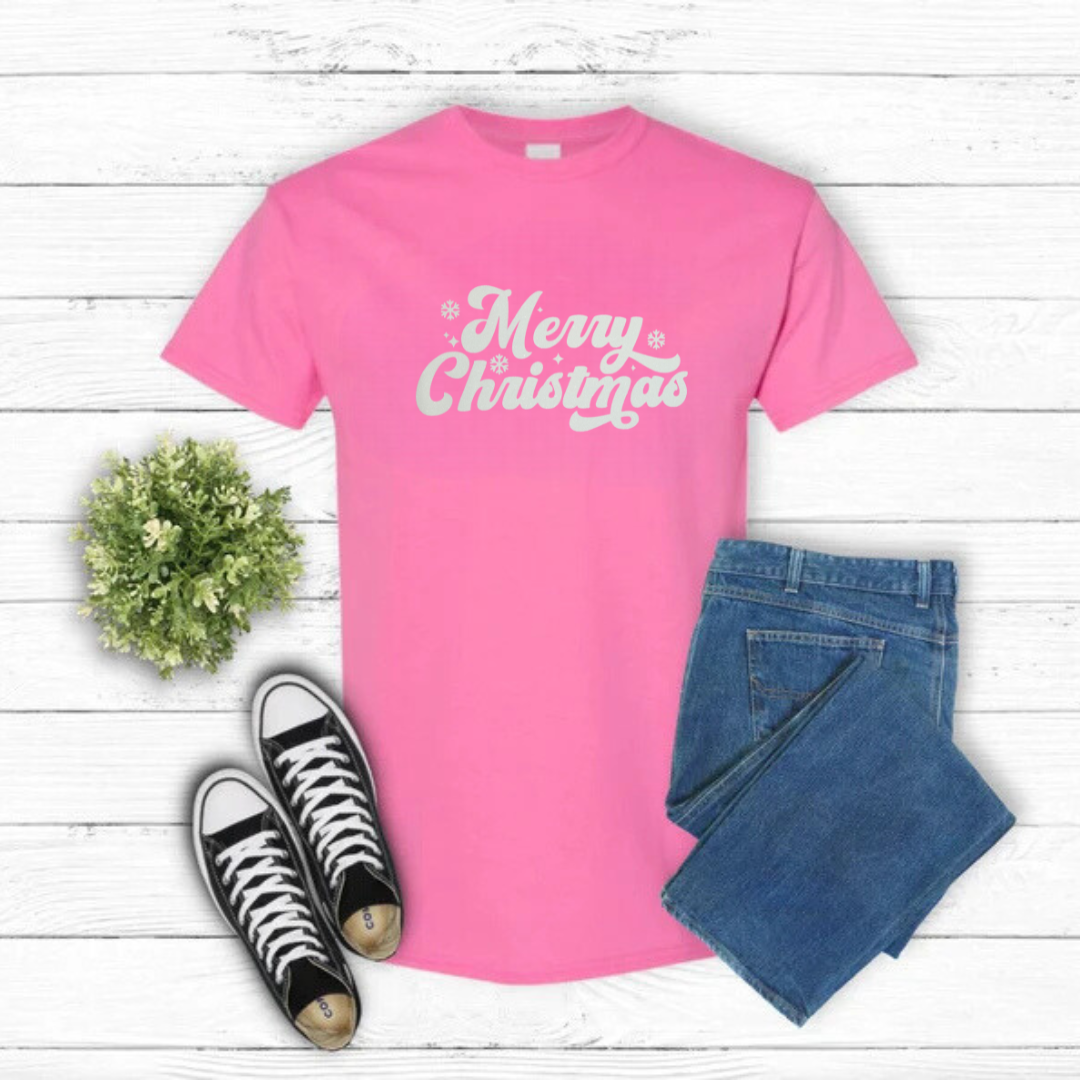 Pink- White Glitter Merry Christmas T-Shirt